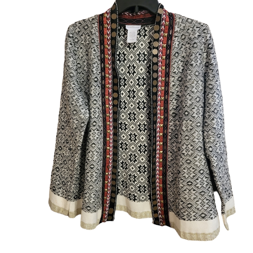 Open-Front Black & White Patterned Women's Cardigan Sweater with Decorative Trim